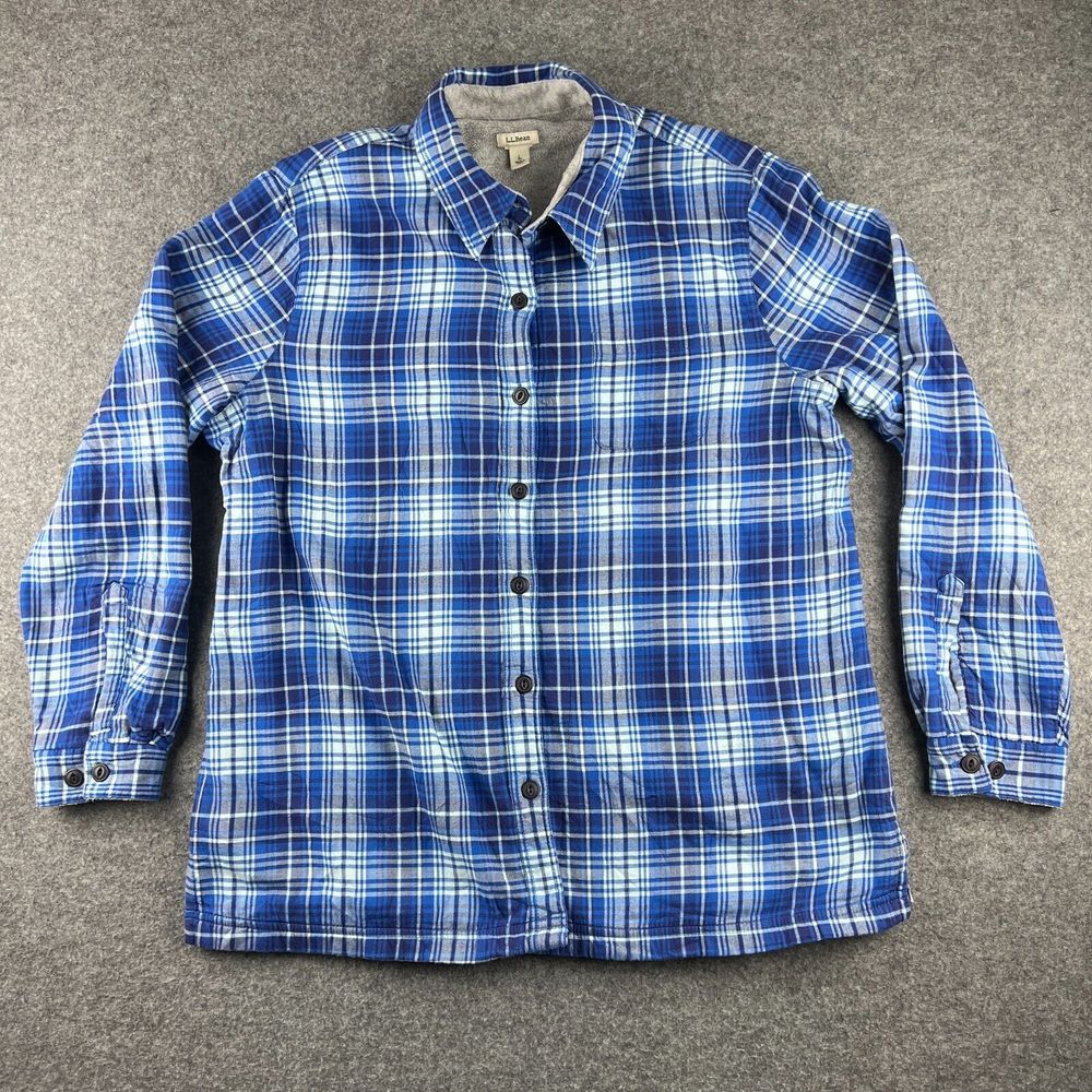 LL Bean Shirt Womens Large Blue Plaid Flannel Fleece Lined Button Shacket